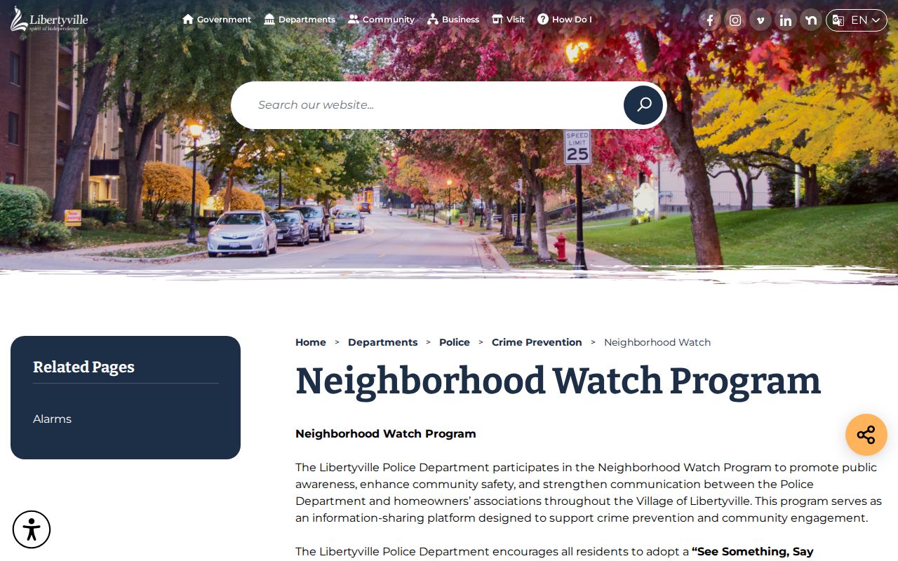 Libertyville neighbors resource showing the Police Neighborhood Watch program
