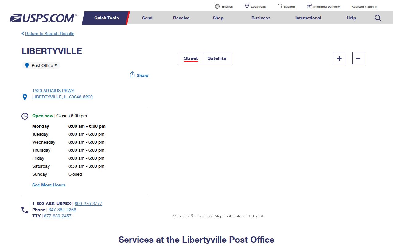Libertyville ZIP code directory source showing the Libertyville Post Office listing